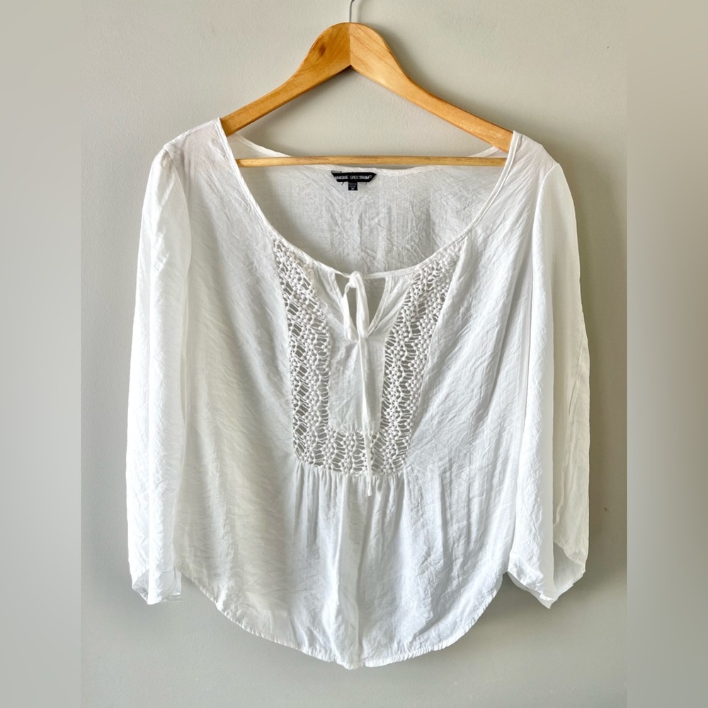 White Crochet-Front Peasant Blouse Flair Sleeve Size M -Boho Festival Fairy